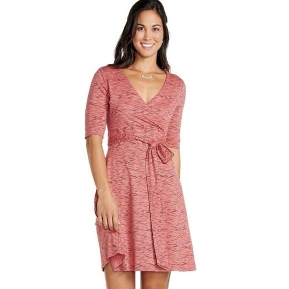 Toad & Co Short Sleeve Cue Wrap Café Dress Organic Cotton Orange Guava Wave Sz L - Picture 1 of 16